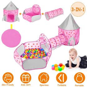 3 In 1 Child Crawl Tunnel Tent Kids Play Tent Ball Pit Set Foldable Children Play House Pop-up Kids Tent w/Storage Bag (Color: Pink)